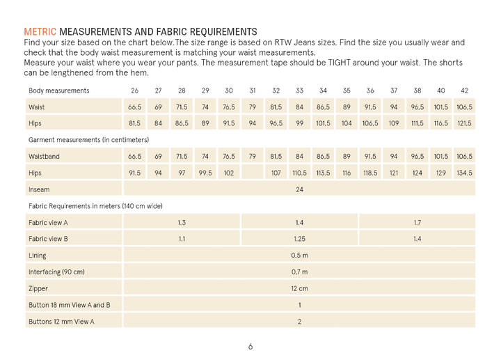 Cargo Shorts sewing pattern size chart with metric body measurements, garment measurements and fabric requirements