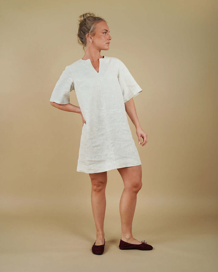 Woman wearing the City Dress sewing pattern, front view