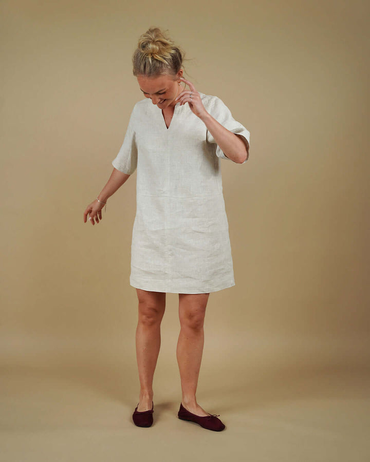 Woman wearing the City Dress sewing pattern, front view