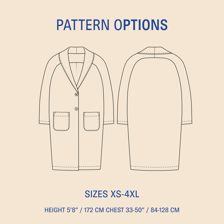 Pattern options for the Cocoon Coat sewing pattern showing sizes and variations