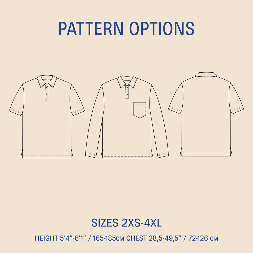 Draper Polo sewing pattern options showing short-sleeve and long-sleeve variations with technical drawings and sizes