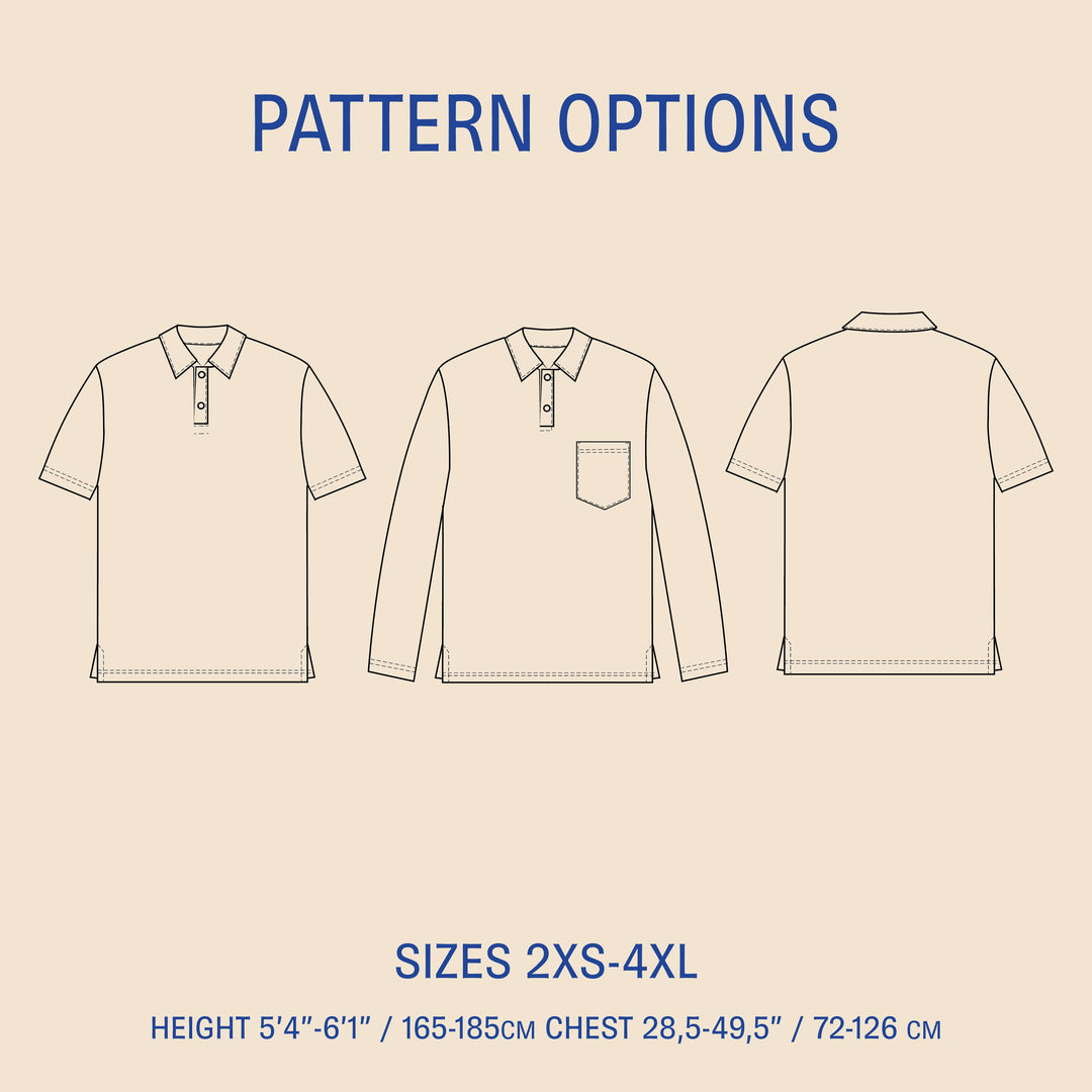 Draper Polo sewing pattern options showing short-sleeve and long-sleeve variations with technical drawings and sizes