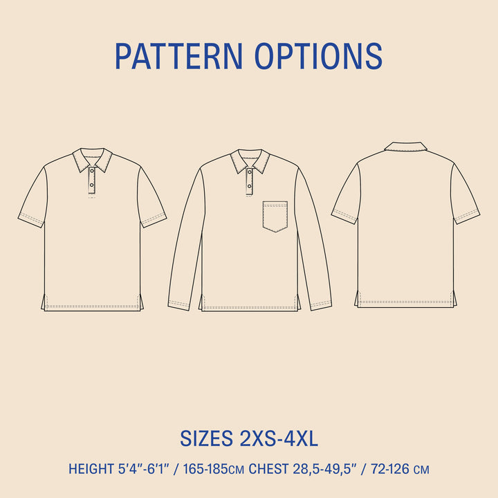 Draper Polo sewing pattern options showing short-sleeve and long-sleeve variations with technical drawings and sizes