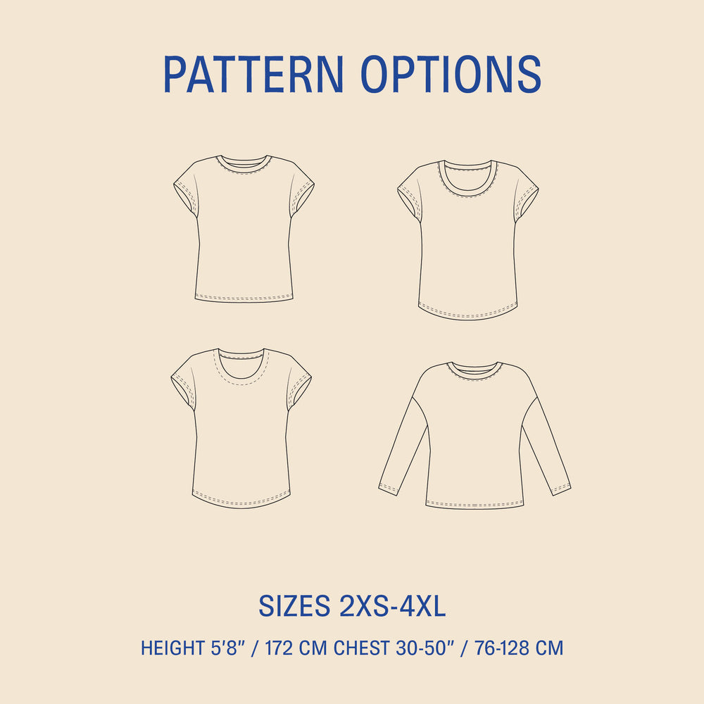 Easy T-shirt sewing pattern with multiple neckline and sleeve options, technical drawings