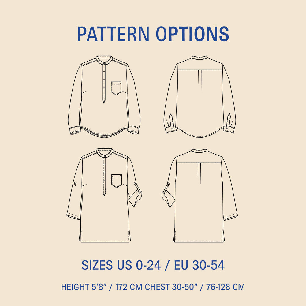 Heart Tunic sewing pattern options showing blouse and tunic versions with front and back technical drawings