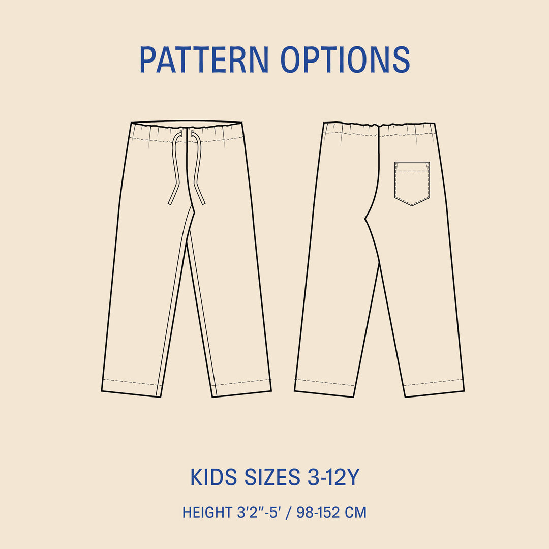 Kids pajama pants sewing pattern with elastic waistband, front and back technical drawings