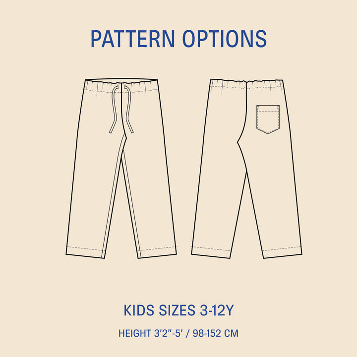 Kids pajama pants sewing pattern with elastic waistband, front and back technical drawings