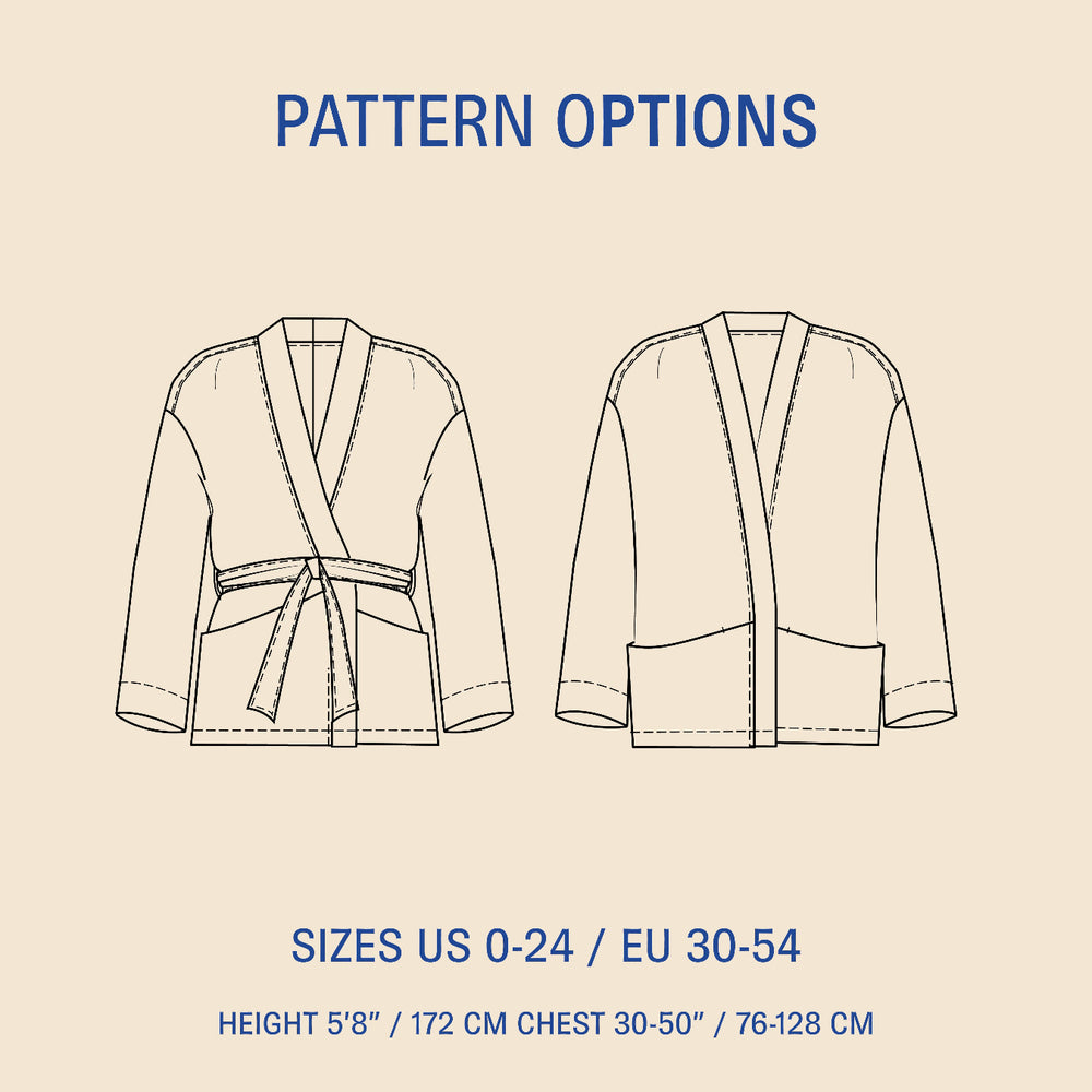 Komi Cardigan sewing pattern options showing wrap cardigan and open-front cardigan technical drawings