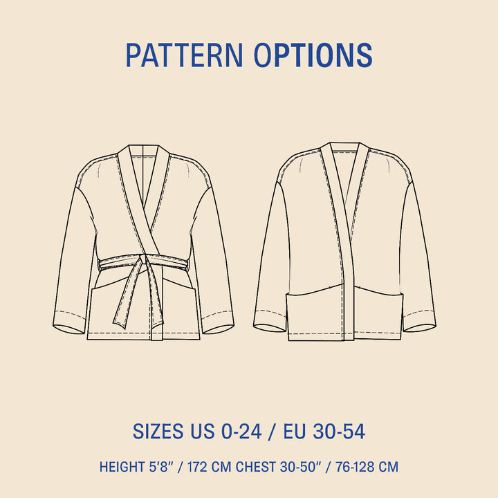 Komi Cardigan sewing pattern options showing wrap cardigan and open-front cardigan technical drawings