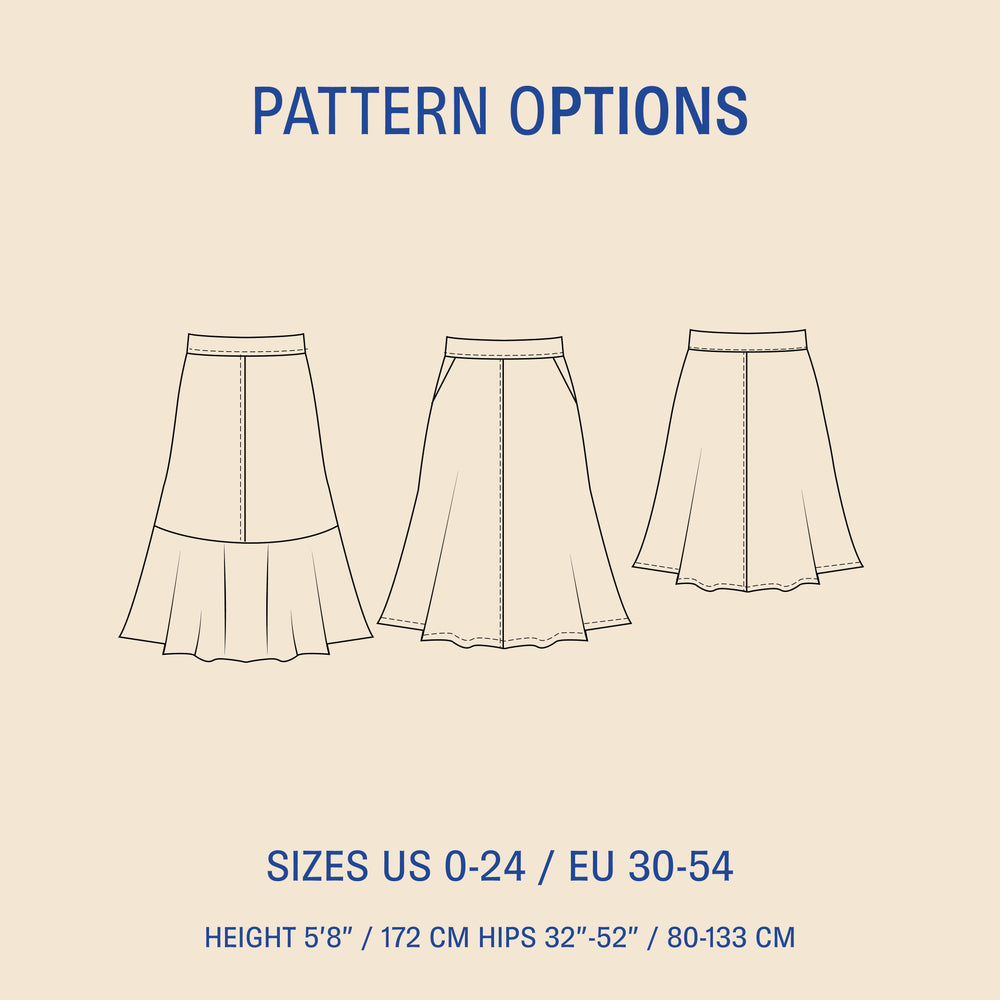 Linea Skirt sewing pattern options showing tiered, paneled, and flared skirt variations