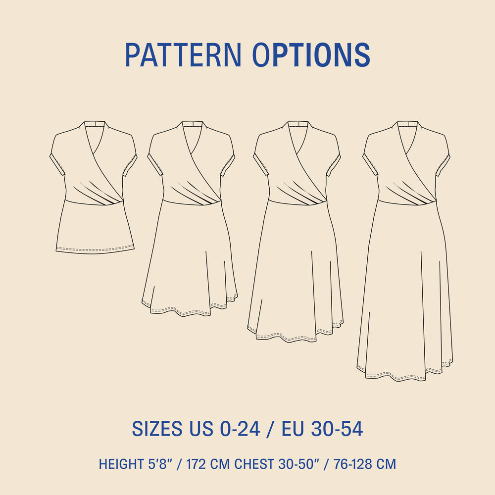 Mirri sewing pattern options showing top, short dress, midi dress and maxi dress variations with technical drawings