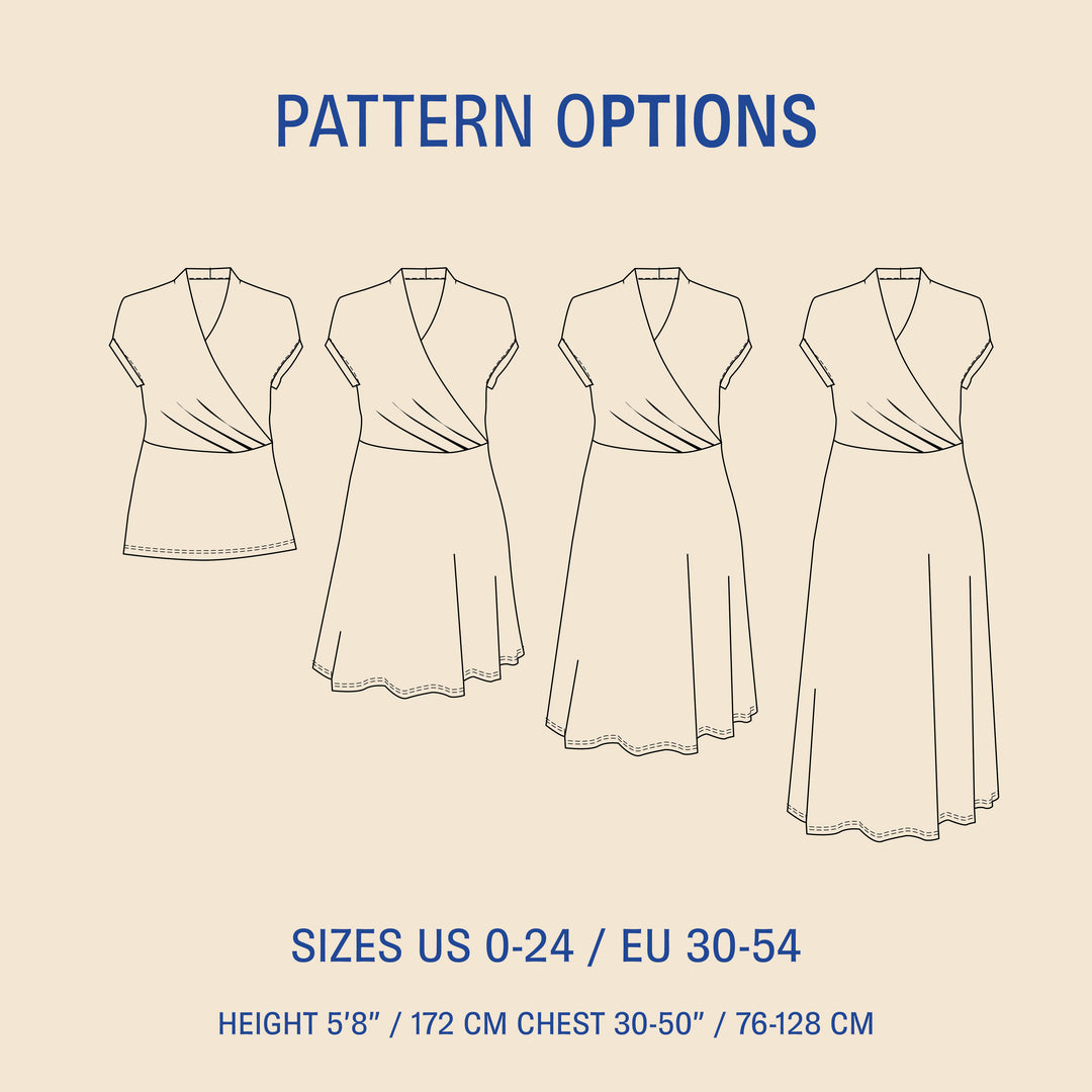 Mirri sewing pattern options showing top, short dress, midi dress and maxi dress variations with technical drawings