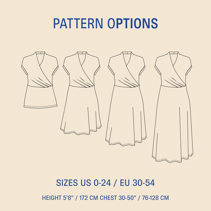 Mirri sewing pattern options showing top, short dress, midi dress and maxi dress variations with technical drawings