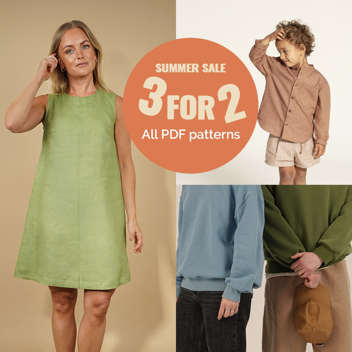 Promotional collage for sewing patterns with a woman in a green dress, a child in a brown jacket, and text overlay.