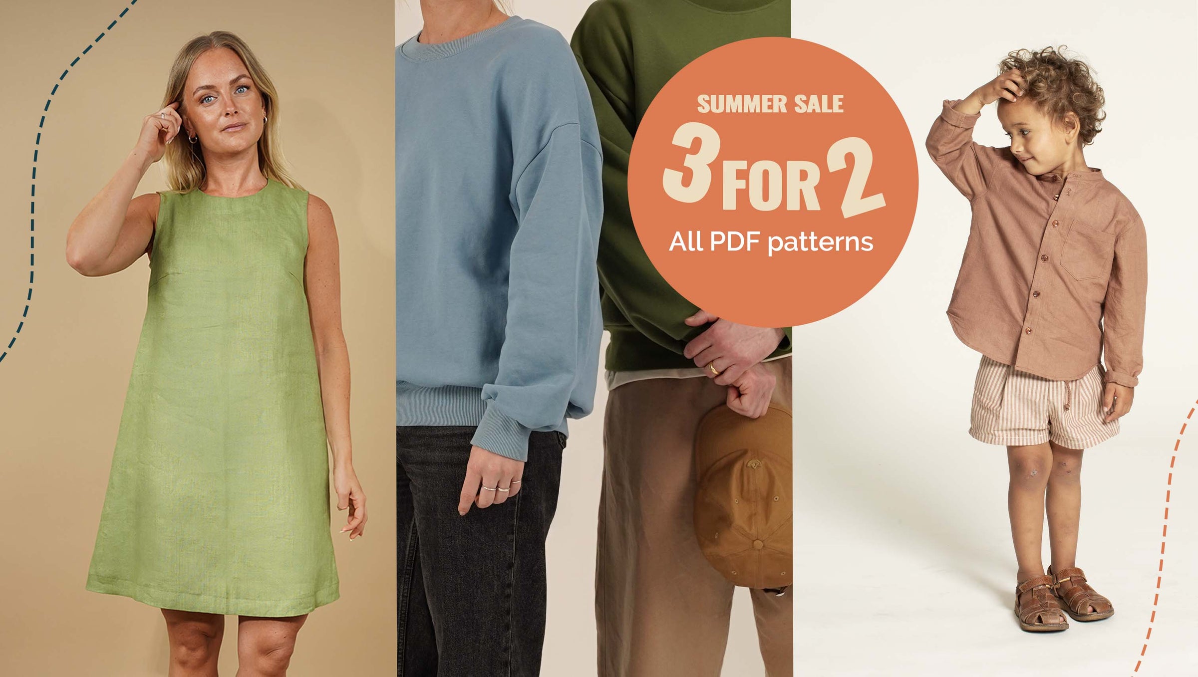 Three people wearing clothing with a 'Summer Sale 3 for 2 All sewing patterns' promotional sign.