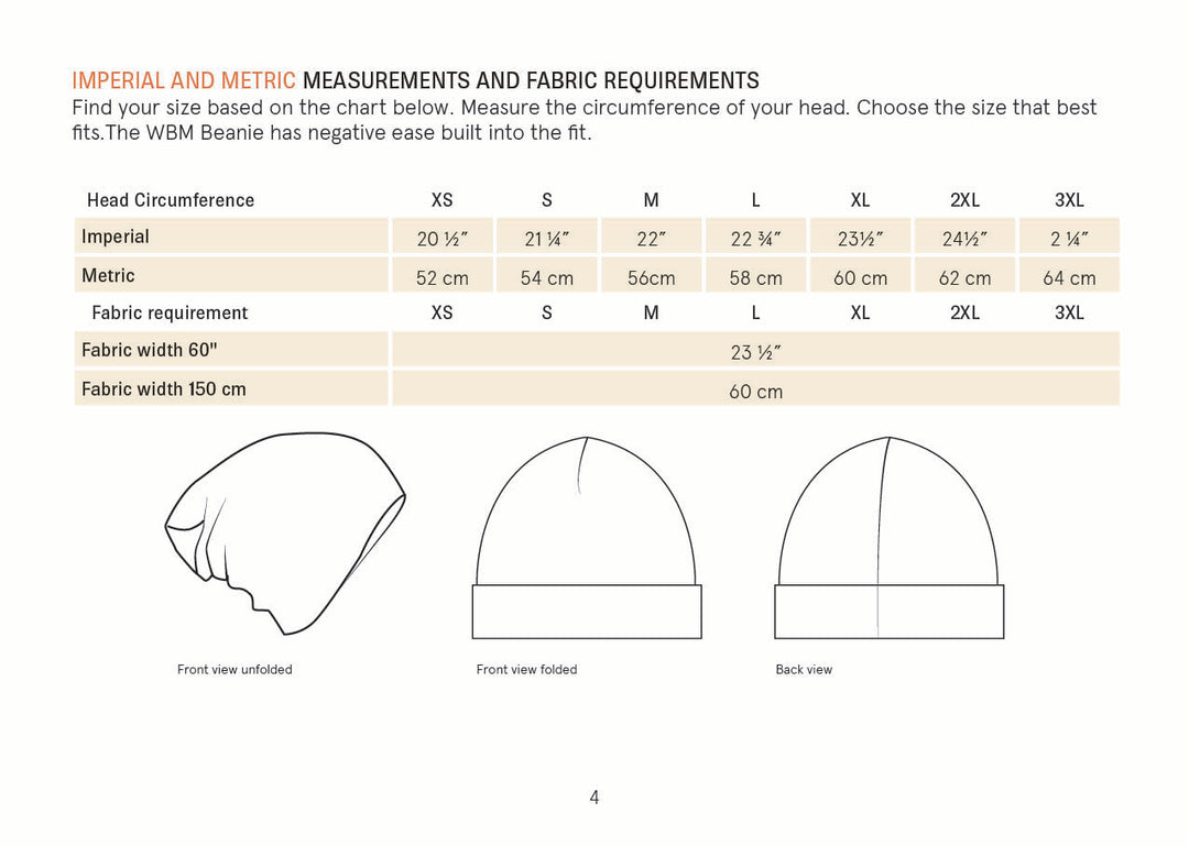 Beanie Hat Sewing Pattern Wardrobe By Me measurements
