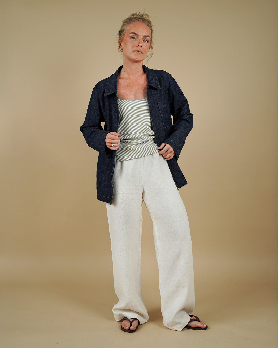 Woman wearing the Zip Shirt, Camisole Top and High Waist Pants sewing pattern, front view