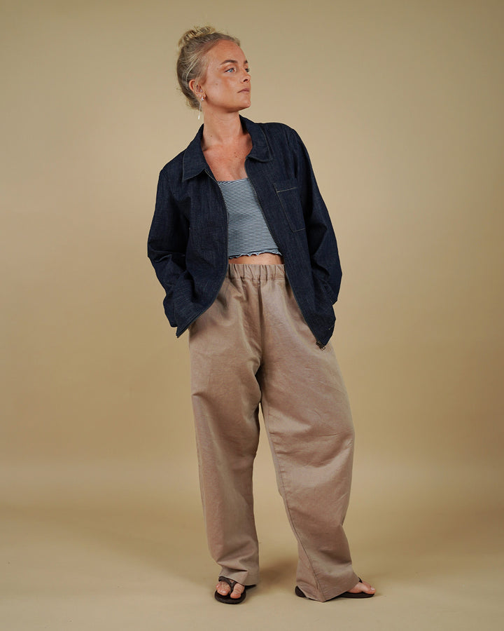 Woman wearing the Zip Shirt, Camisole Top and Volume Pants sewing pattern, front view